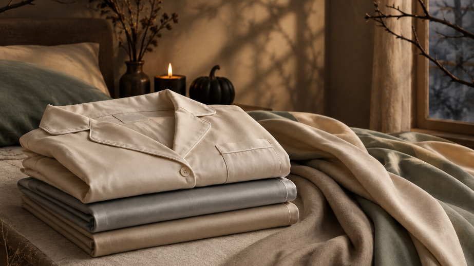 Earthly Threads tan Zen Short Sleeve Pajama Set on top of bamboo gray and tan sheets in a bedroom with a Halloween ambience