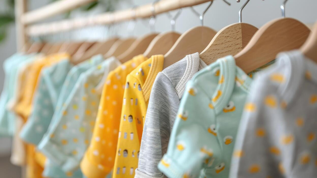 Baby clothes on a rack to see if they are toxic or nontoxic