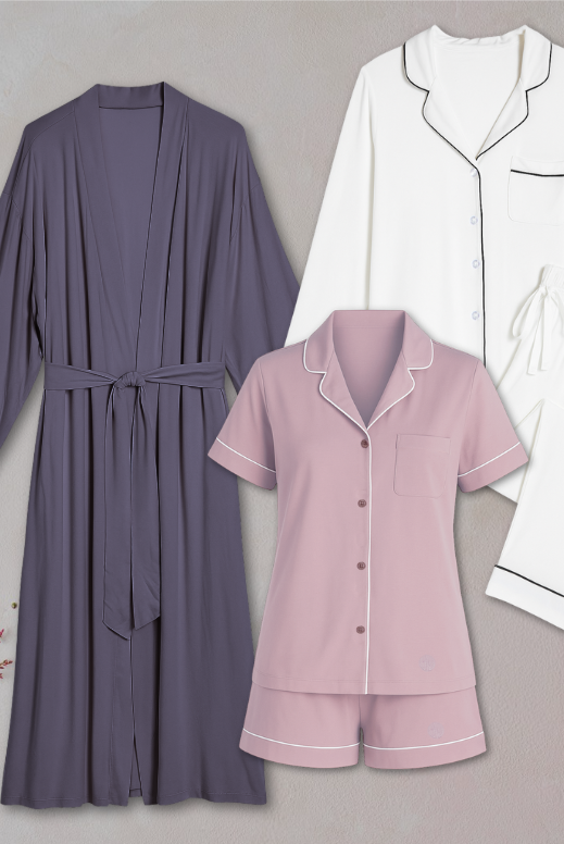 Select two of our classic style button up bamboo pajama sets and get a free everyday robe