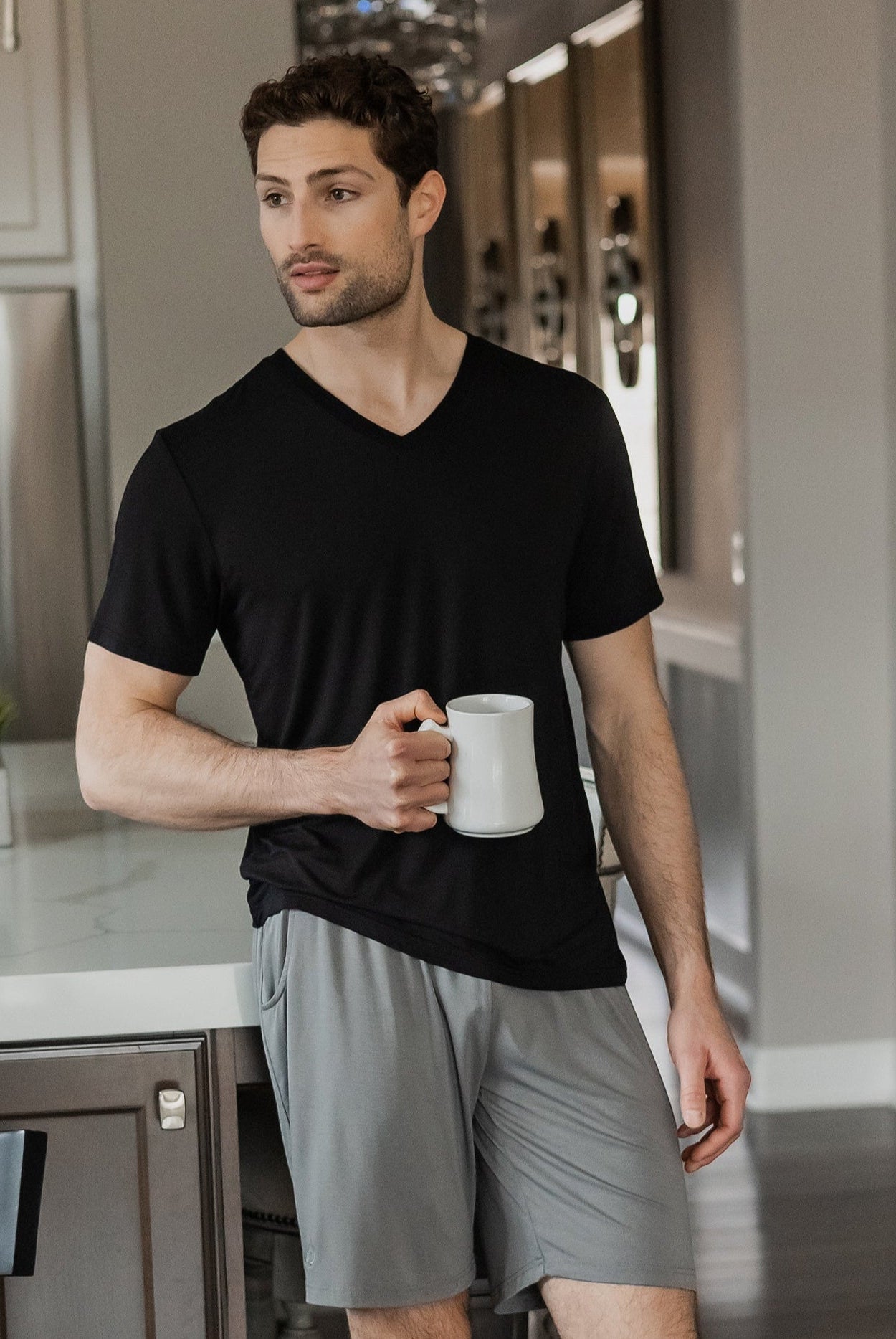 Minimalist and stylish bamboo V-neck tee, designed for layering or wearing solo with ease.
