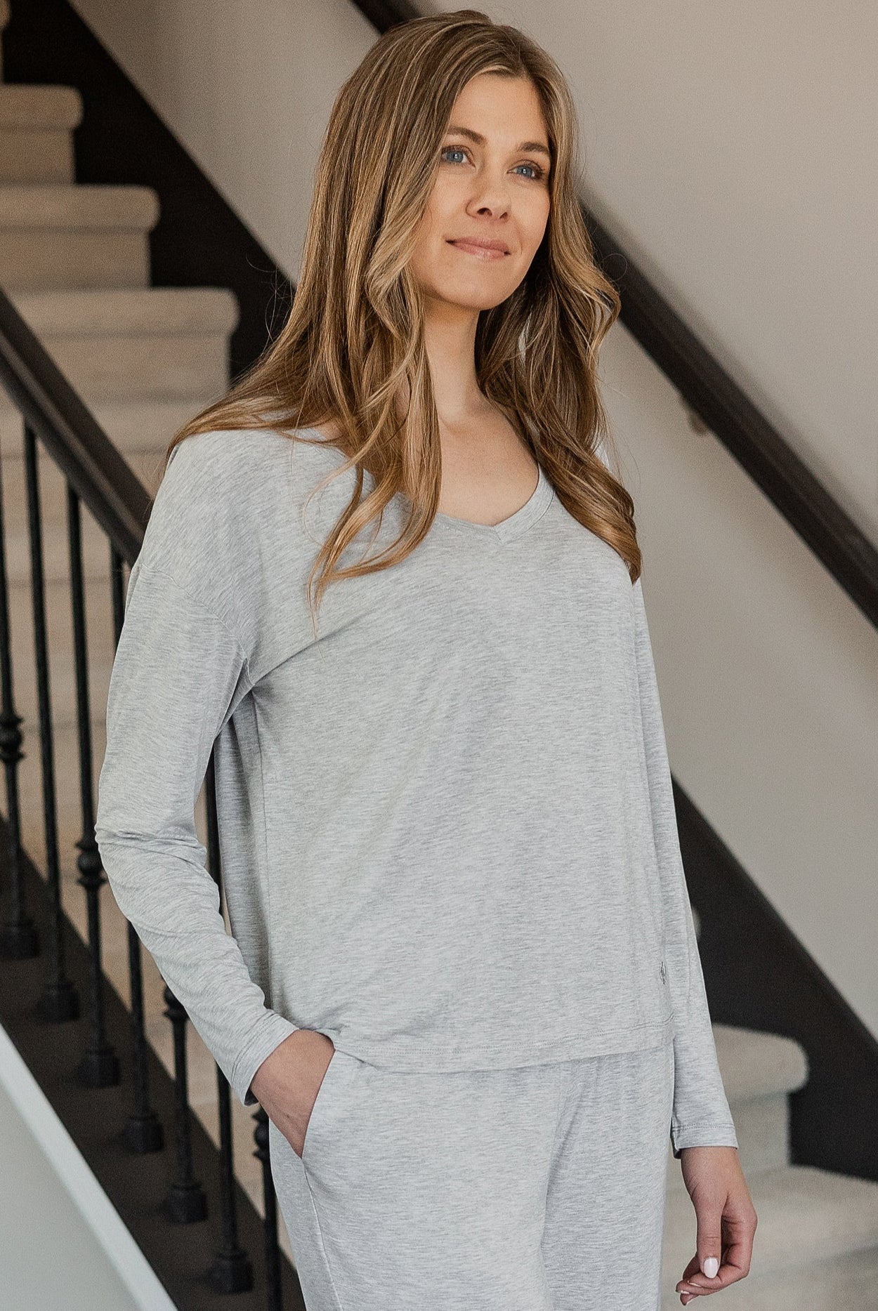 Earthly Threads ultra-soft modal pajama set featuring a long sleeve V-neck top and relaxed-fit lounge pants for effortless comfort.