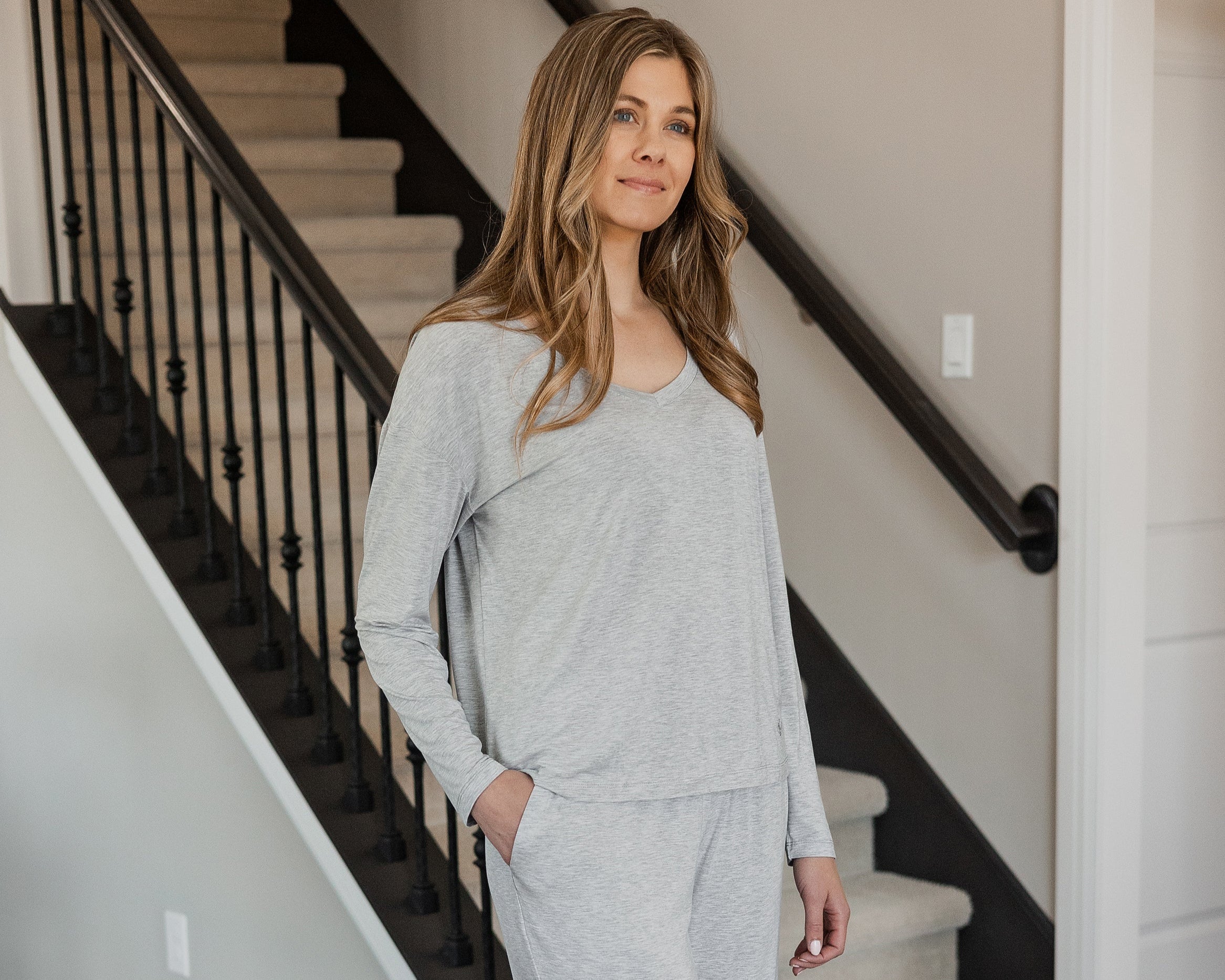 Earthly Threads ultra-soft modal pajama set featuring a long sleeve V-neck top and relaxed-fit lounge pants for effortless comfort.