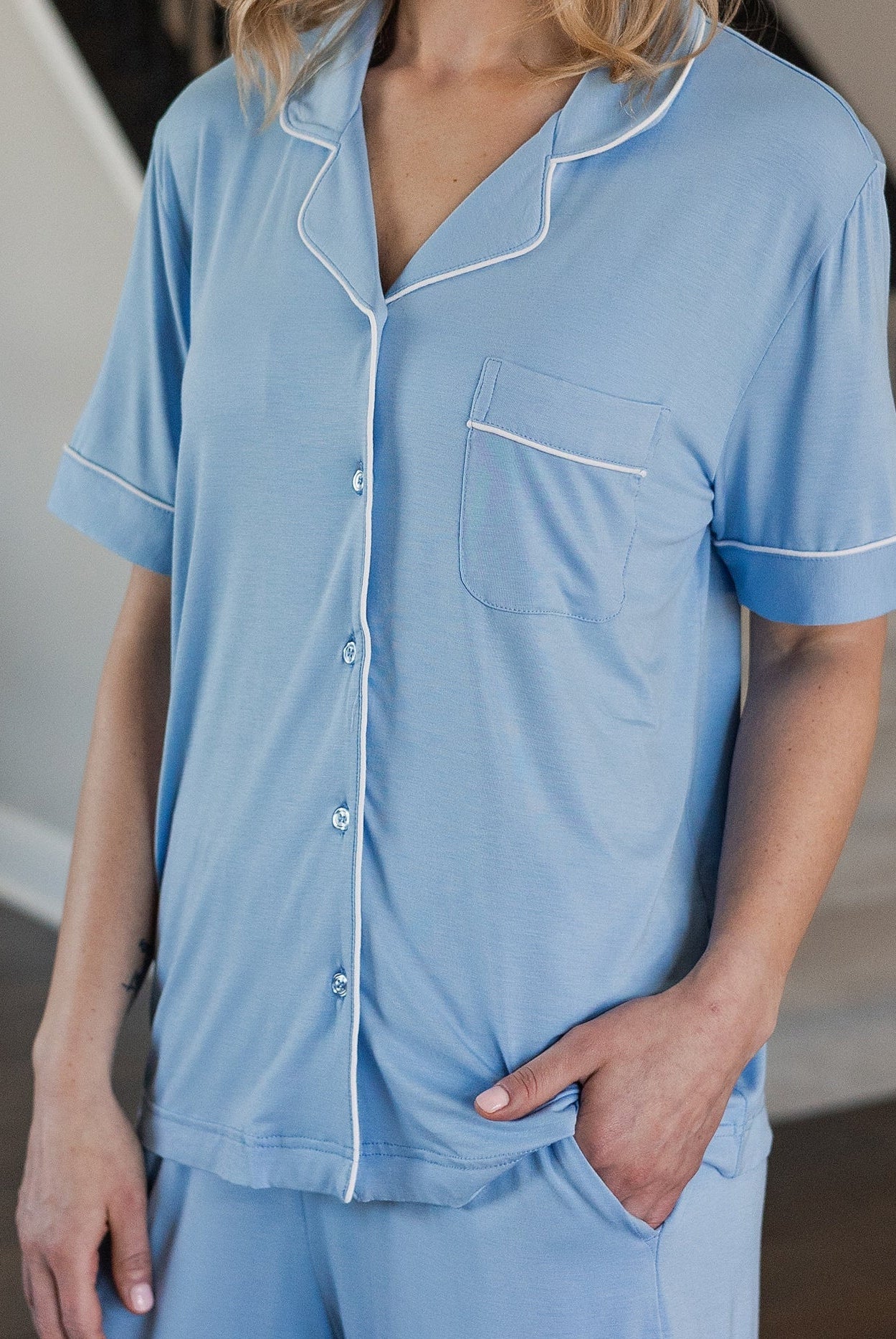 Classic button-down bamboo pajama set designed for comfort, breathability, and timeless style.
