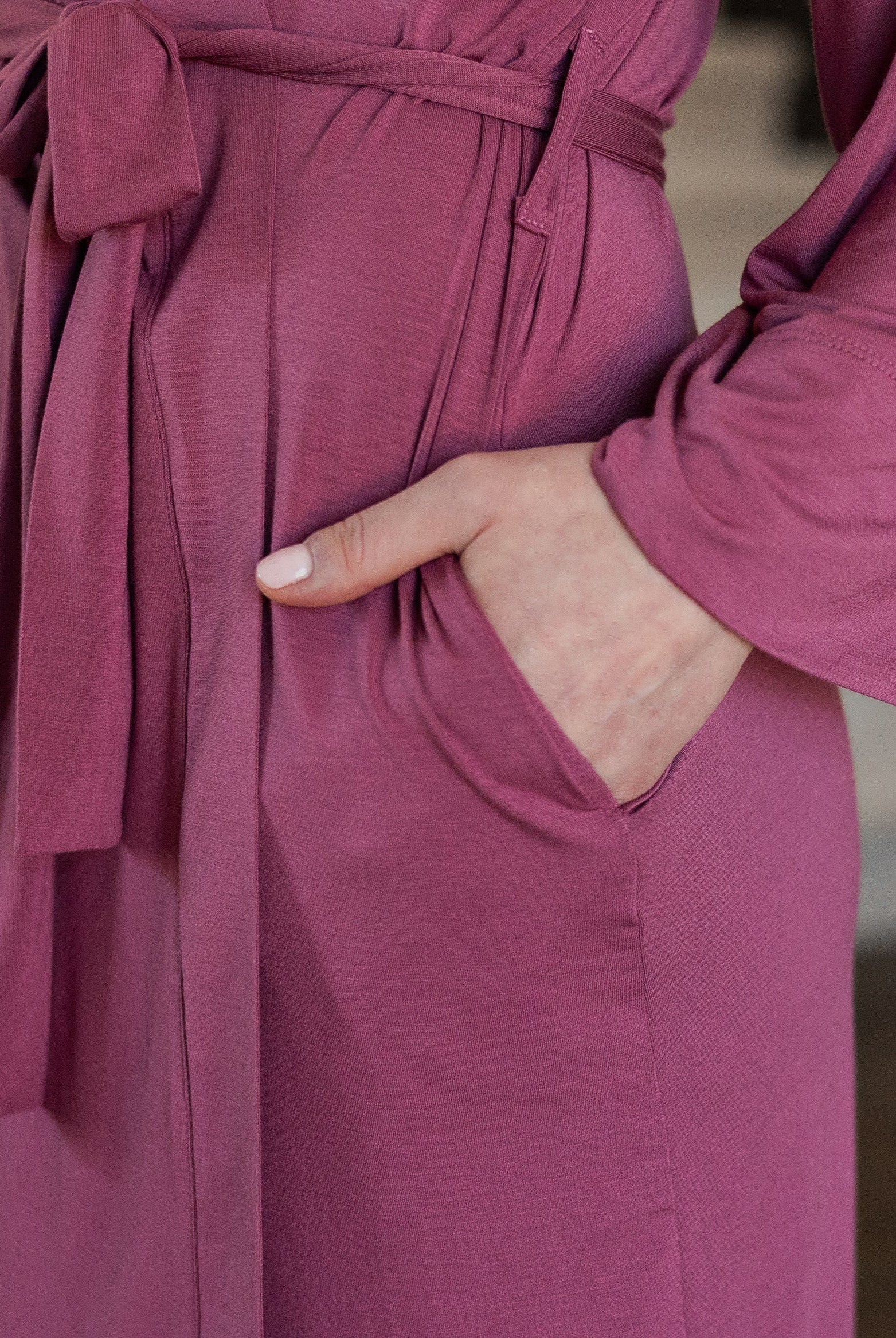 Earthly Threads signature sustainable bamboo robe for post-shower or sleepwear comfort.