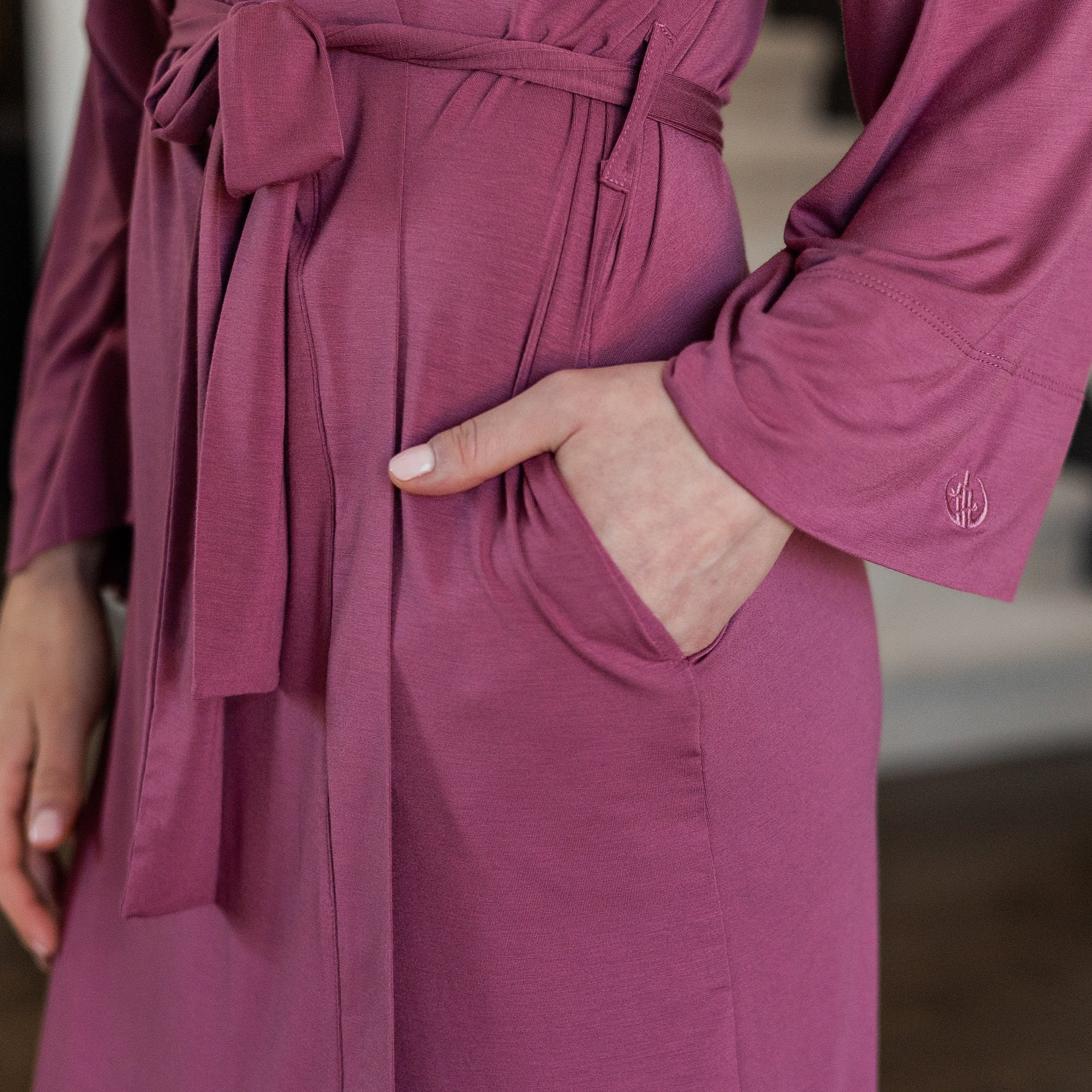 Earthly Threads signature sustainable bamboo robe for post-shower or sleepwear comfort.