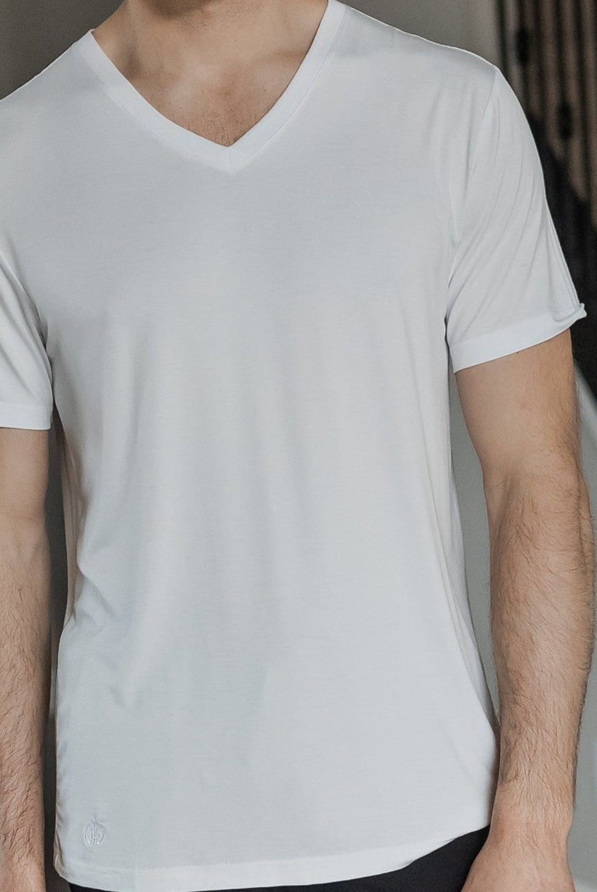 Classic and comfortable white, short sleeve bamboo V-neck tee, crafted from ultra-soft bamboo fabric for effortless everyday wear.