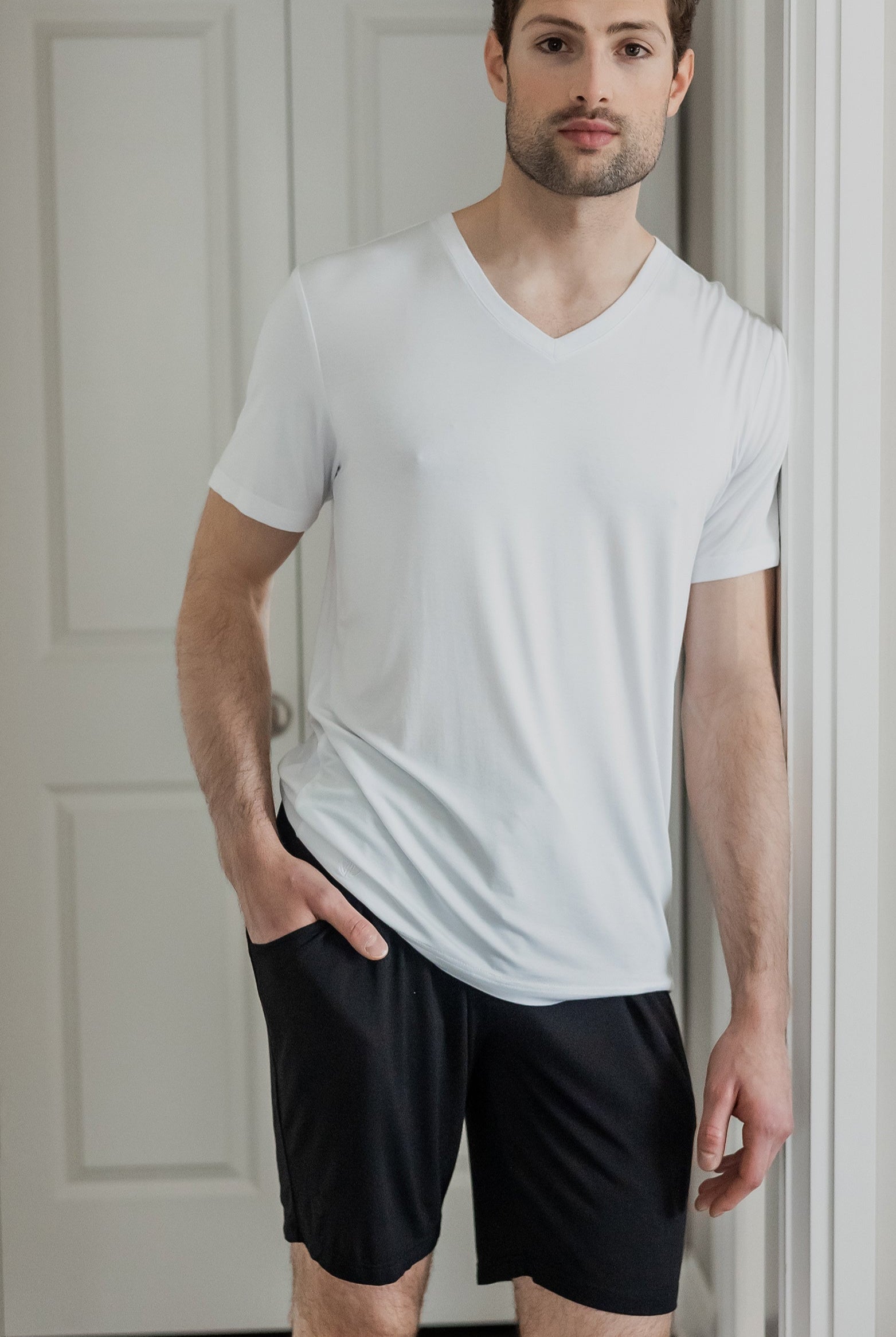 Earthly Threads essential bamboo short sleeve tee featuring a sleek V-neckline and lightweight, moisture-wicking fabric paired with our shorts is the essential casual luxury combo.