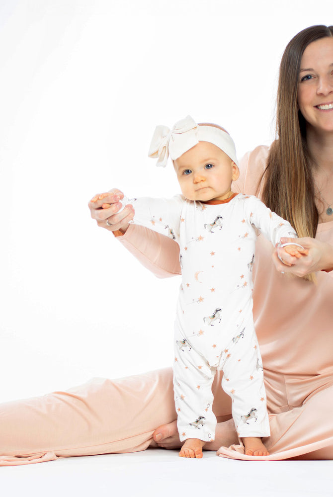 Earthly Threads Pony Up baby romper or sleeper, made from eco-friendly bamboo for gentle, breathable comfort.