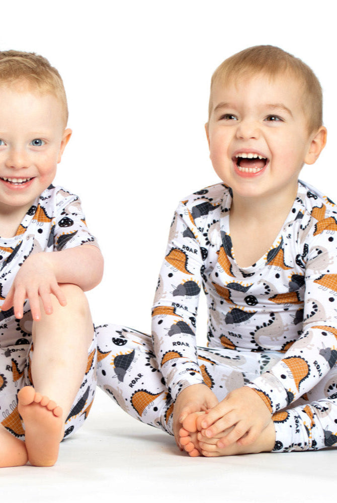 Earthly Threads short sleeve bamboo pajamas with a fun dinosaur and "ROAR" print.