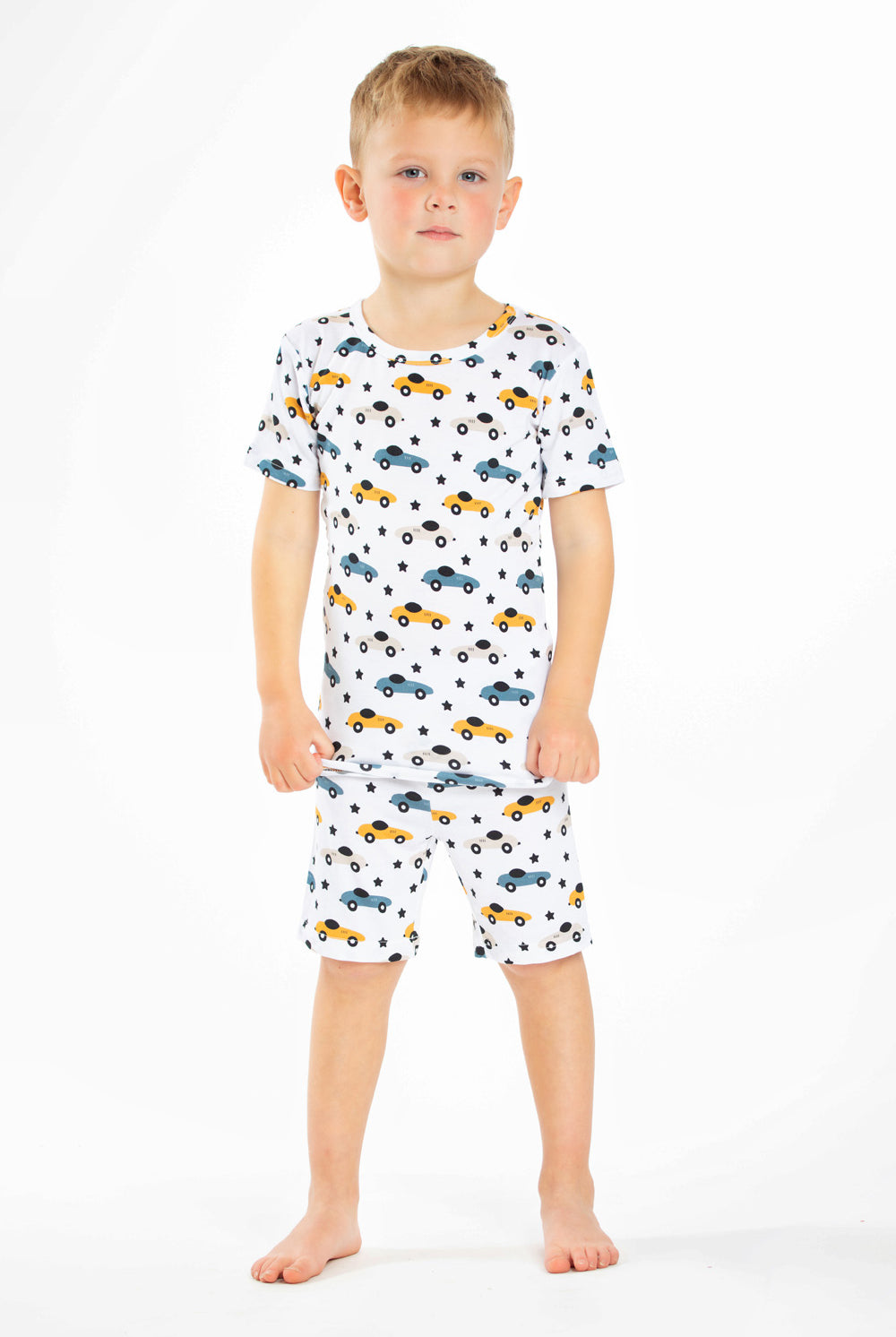 Earthly Threads bamboo short sleeve pajama set featuring a playful race car and star design.