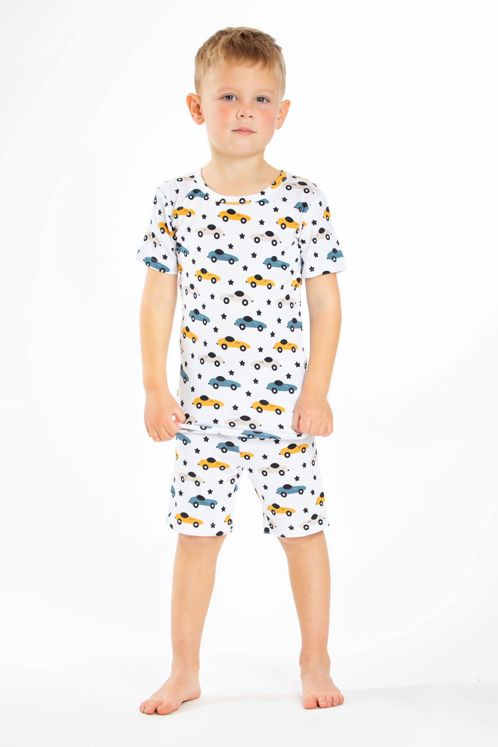 Earthly Threads bamboo short sleeve pajama set featuring a playful race car and star design.