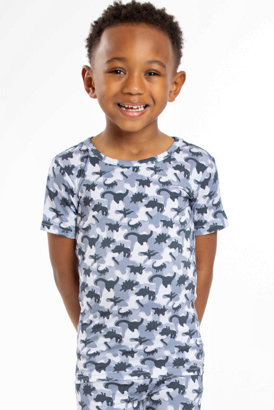 Earthly Threads camo dinosaur bamboo pajamas with a soft, breathable fabric, perfect for sensitive skin.