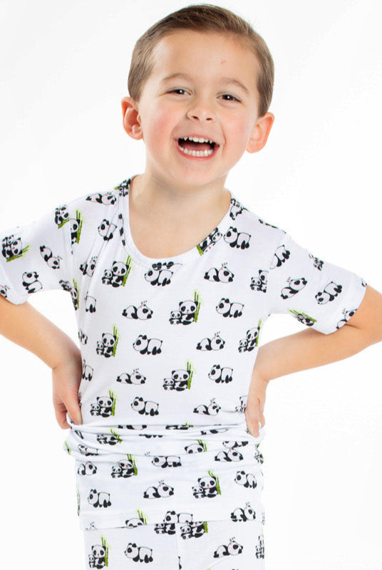 Earthly Threads bamboo panda pajamas short sleeve set for kids, perfect for all-year comfort.