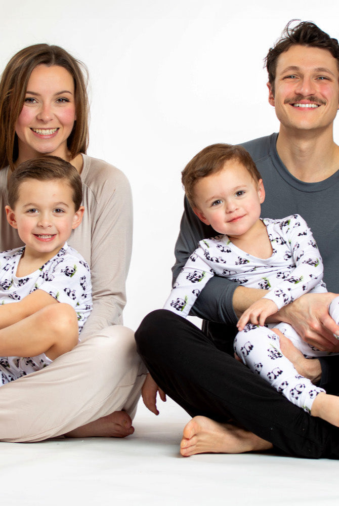 Earthly Threads eco-friendly kids' pajamas with short sleeves and shorts, featuring an adorable panda pattern.