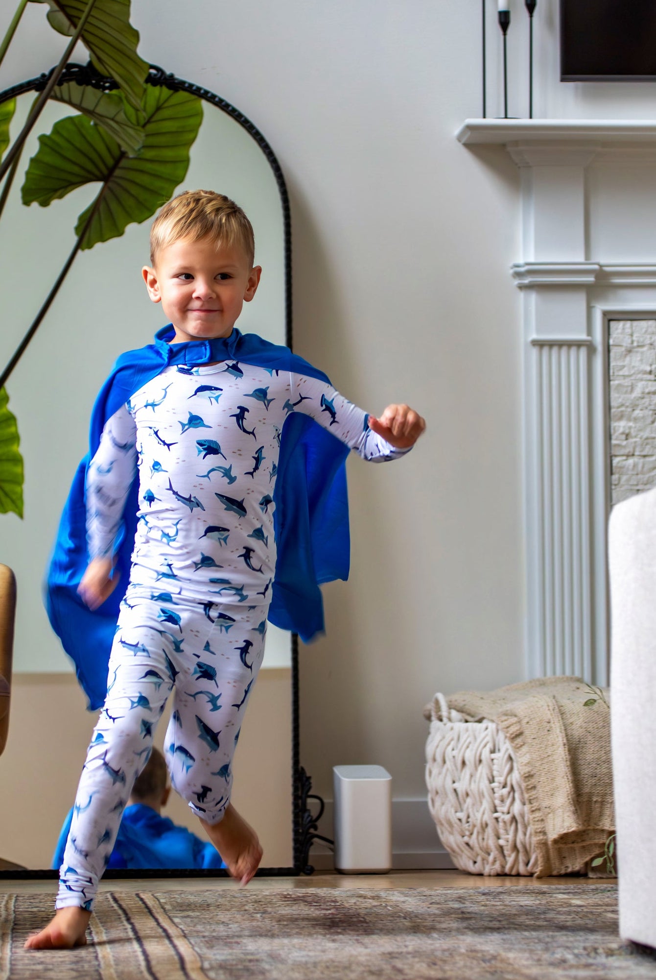 Shark print pajama set from Earthly Threads. Buttery soft, breathable, and perfect for all-night comfort.