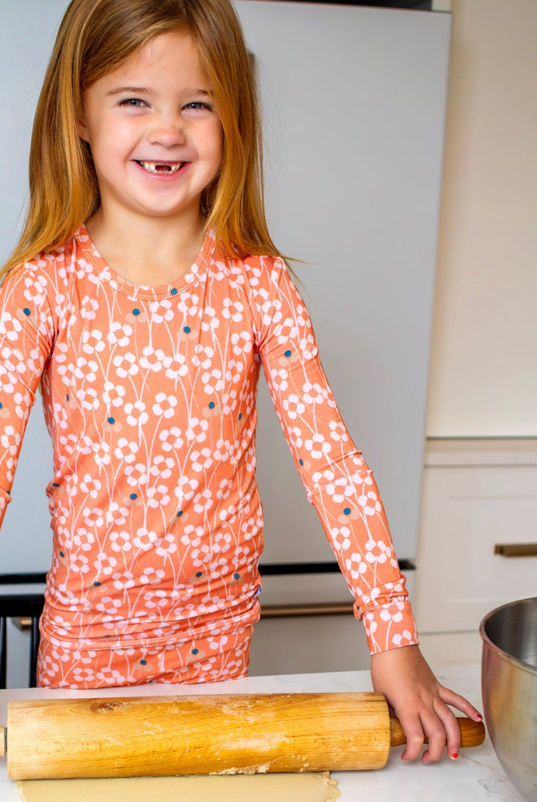 Earthly Threads orange blossom bamboo pajamas, available in long or short sleeves with pants, offering buttery softness and a perfect fit.