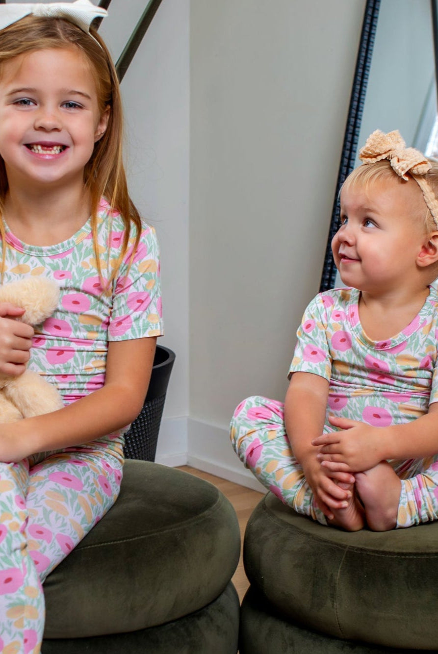 Earthly Threads floral pajama set in soft pink and gold, available in short or long sleeves with pants.