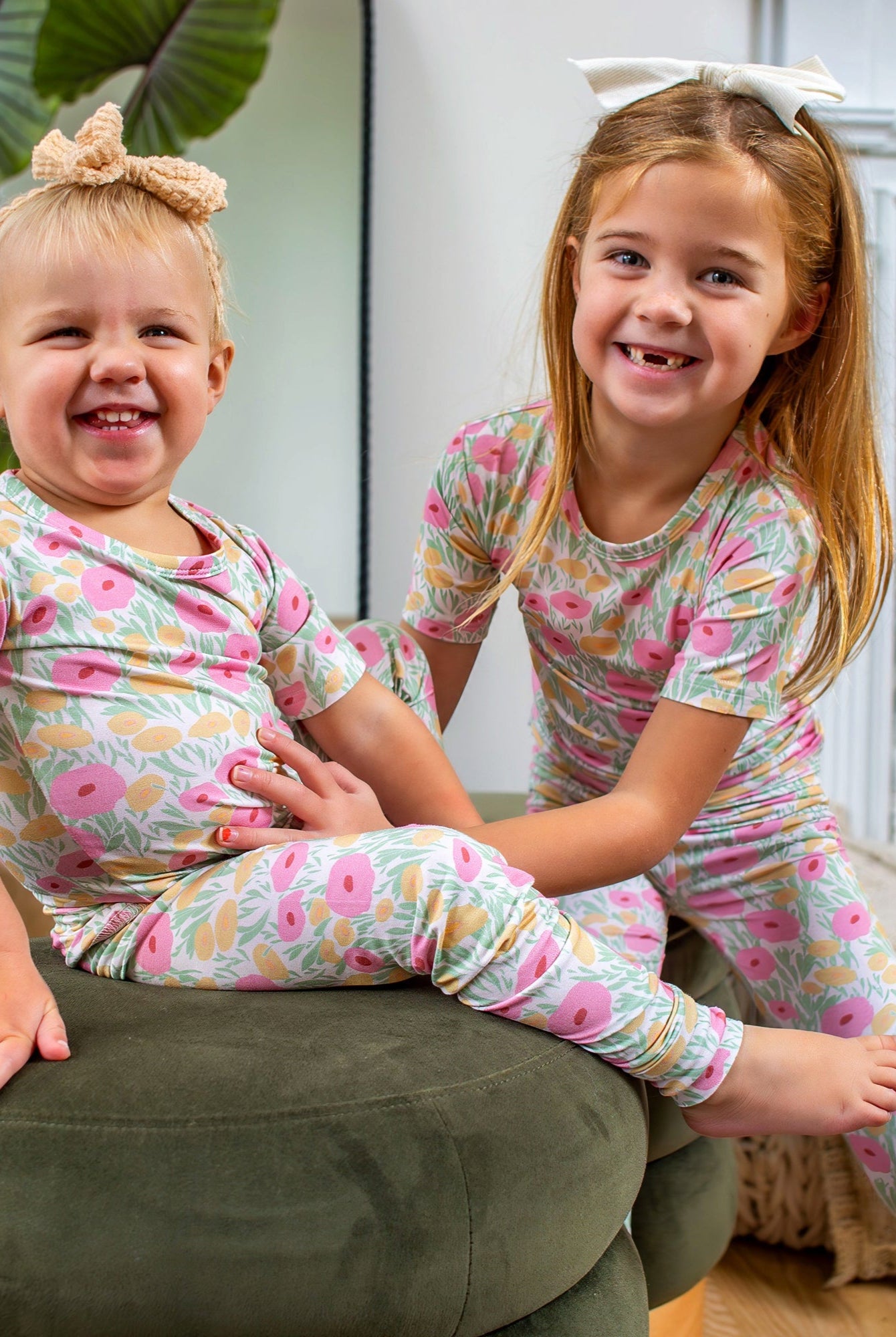 Soft and cozy floral pajamas set in short or long sleeves, made from organic bamboo. Pink floral kids in sizes 2T-10T, ultra-soft and lightweight for dreamy sleep.