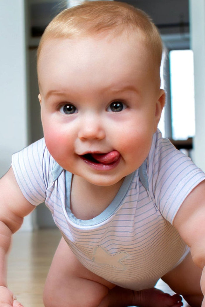 Earthly Threads essential bodysuit or onesie for baby with sky blue and white stripes with cloud or star detail, perfect for hot summer nights or layering for comfort.