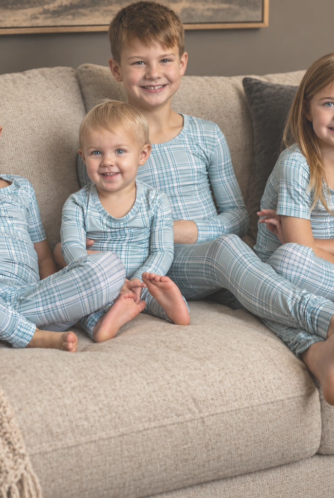 Earthly Threads bamboo buffalo plaid pajama sets available in long sleeve or short sleeve are perfect for matching all of your kids for the holidays.