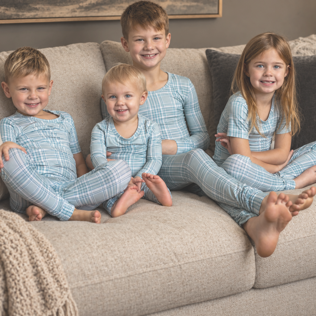 Earthly Threads bamboo buffalo plaid pajama sets available in long sleeve or short sleeve are perfect for matching all of your kids for the holidays.
