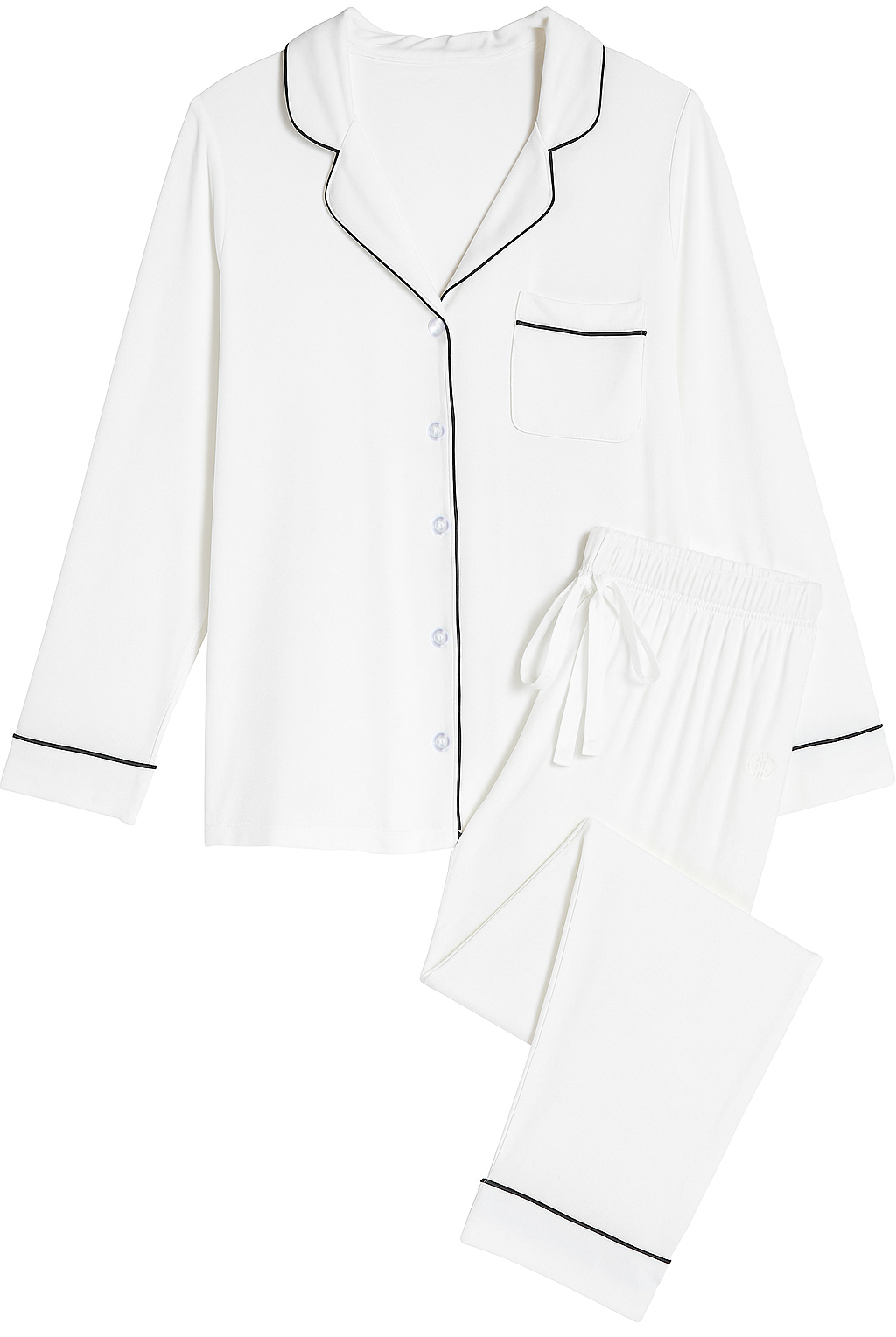 Earthly Threads bamboo pajama set featuring a button-down long-sleeve top with elegant contrast piping and tapered pants with pockets for effortless comfort. Available in basic, trendy colors like true black, true navy, and bright white.