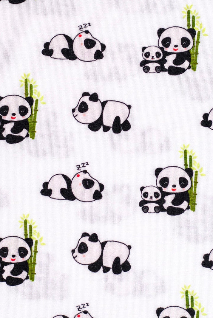 Earthly Threads soft bamboo pajamas for kids with sensitive skin, featuring an adorable print of pandas cuddling bamboo.