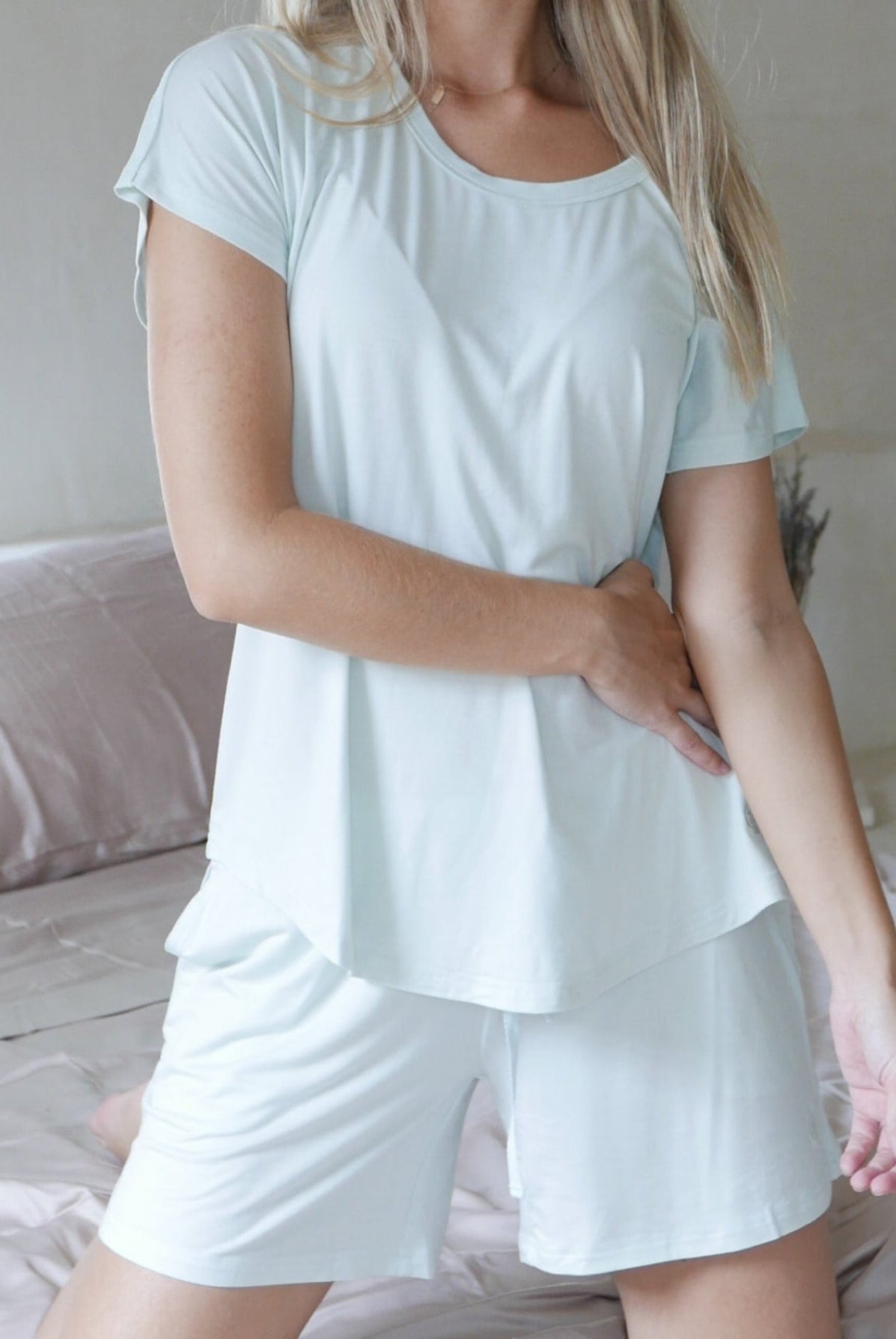 Minimalist and modern short-sleeve pajama set designed for laid-back luxury.
