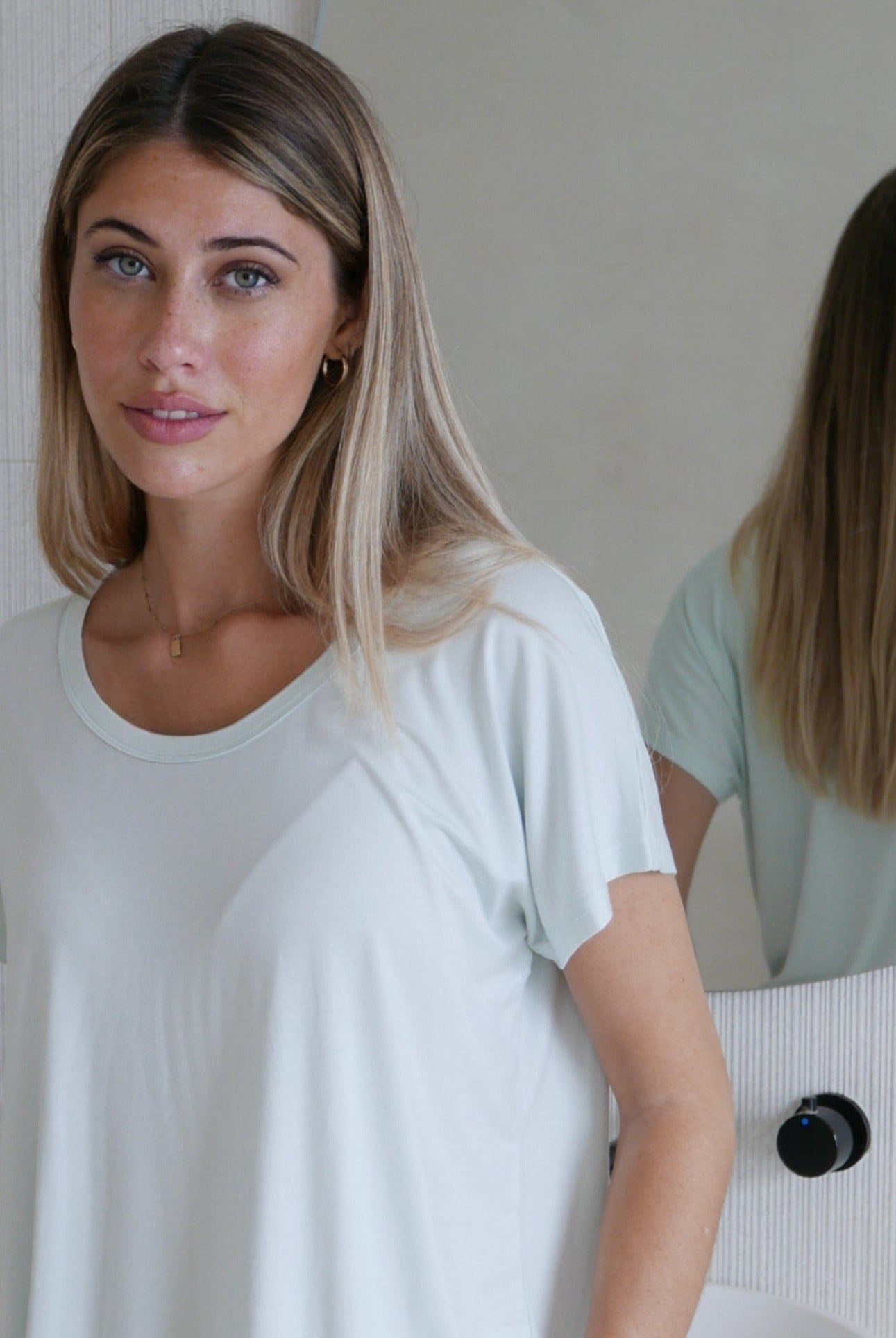 Soft and breathable bamboo pajama set with a relaxed fit and a staple crew neck design, offering lightweight comfort for lounging and restful sleep.