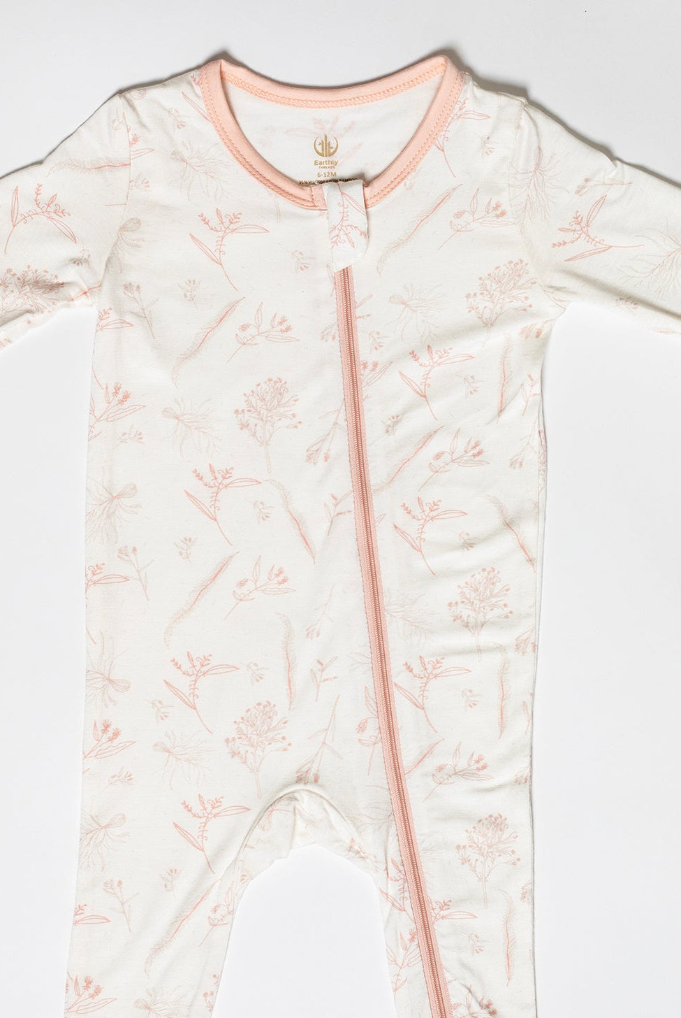 Floral-print long sleeve baby romper with a full-length zipper for easy dressing.