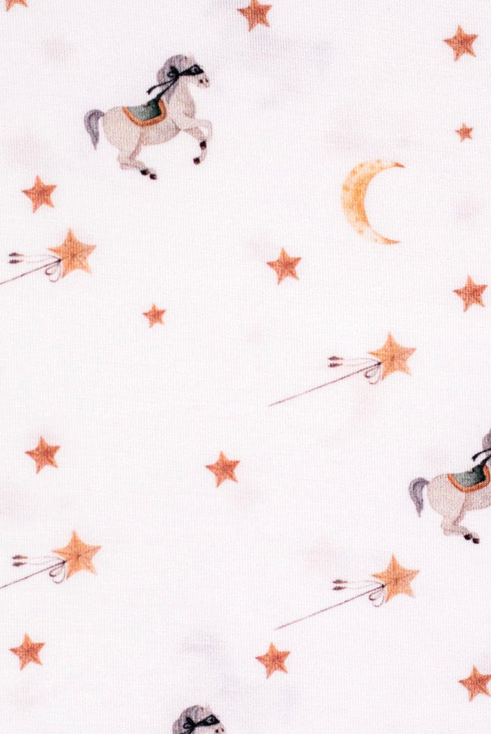 Eco-friendly bamboo pajamas with a charming horse and moon pattern, designed for comfort and nighttime fun.