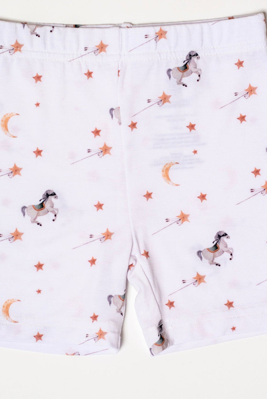 Hypoallergenic and stretchable bamboo pajama set with an enchanting pony print, available in short sleeves and shorts.