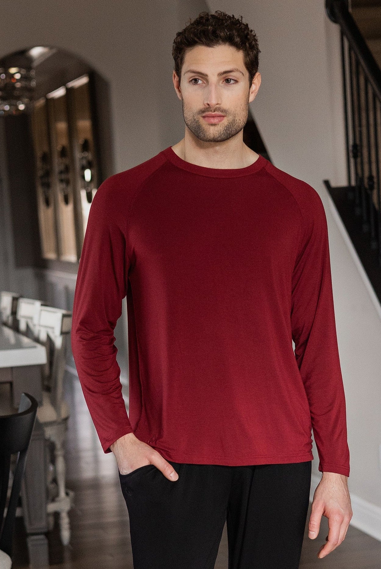 Ultra-soft bamboo long sleeve athletic crew neck tee with a relaxed fit for everyday comfort.