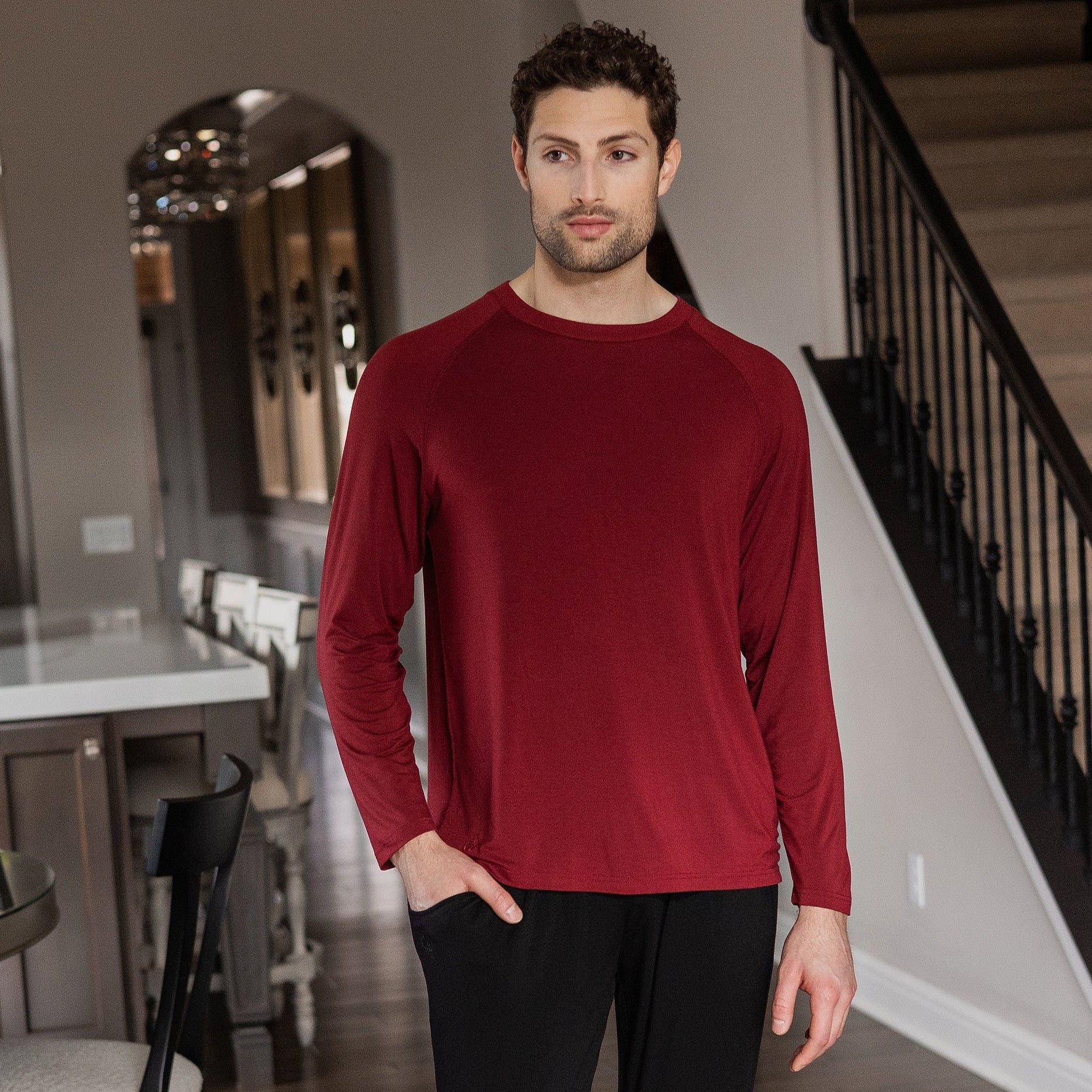 Ultra-soft bamboo long sleeve athletic crew neck tee with a relaxed fit for everyday comfort.