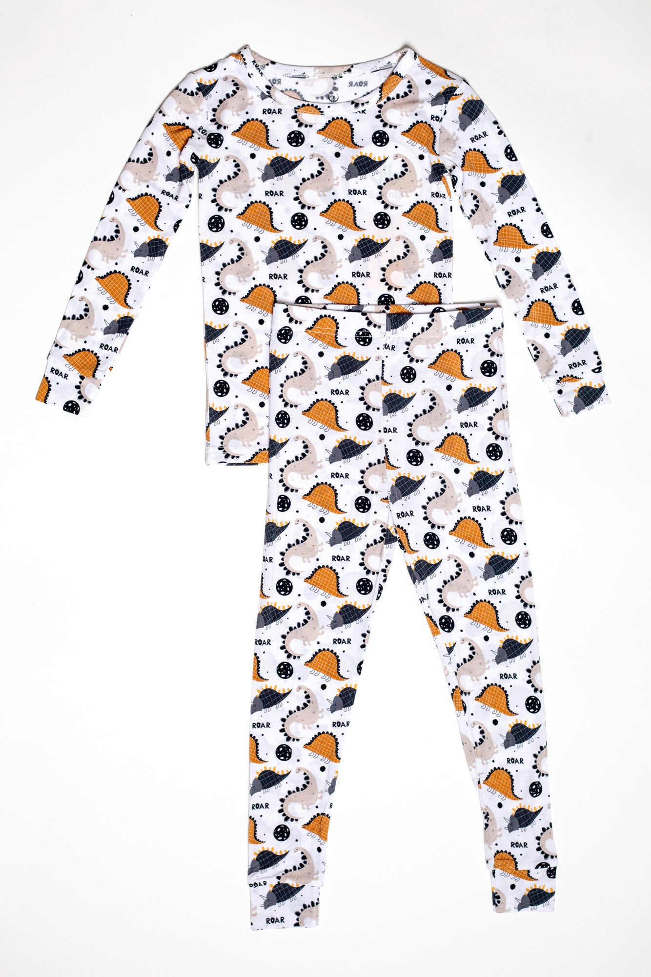 Earthly Threads eco-friendly dinosaur pajama set, made from moisture-wicking bamboo fabric that regulates temperature for all-night coziness. Available with long sleeves and matching pants.