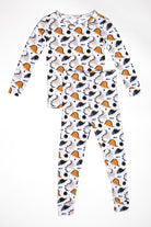 Earthly Threads eco-friendly dinosaur pajama set, made from moisture-wicking bamboo fabric that regulates temperature for all-night coziness. Available with long sleeves and matching pants.