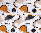 Ultra-soft and hypoallergenic bamboo pajamas with a cute dinosaur print and "ROAR" lettering, designed for warmth, breathability, and bedtime fun.