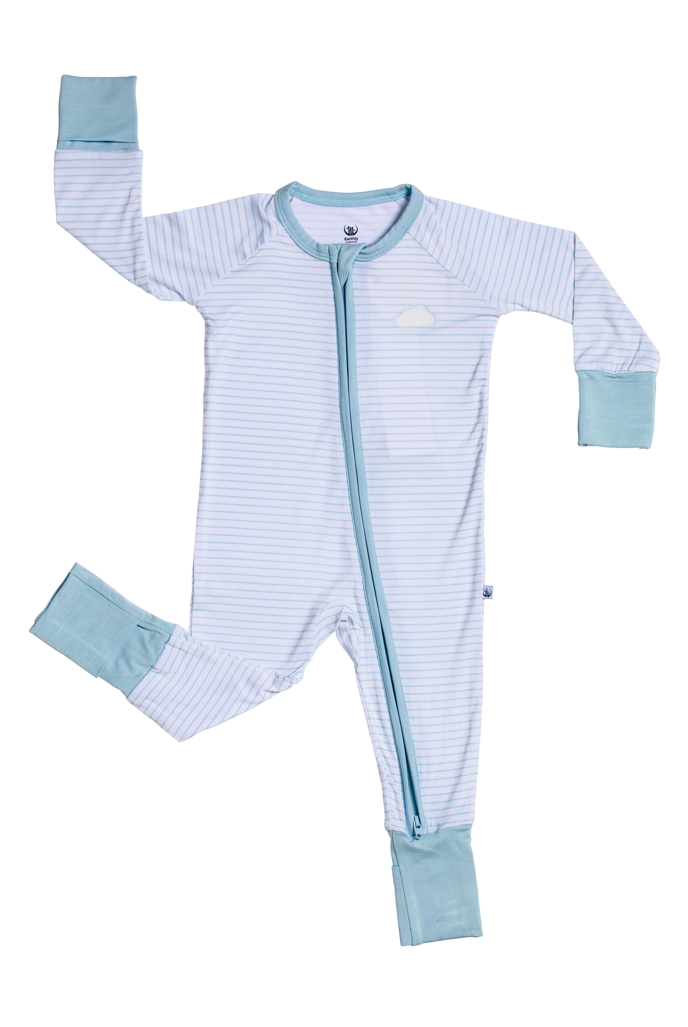 chambray striped bamboo baby zip romper with cloud patch