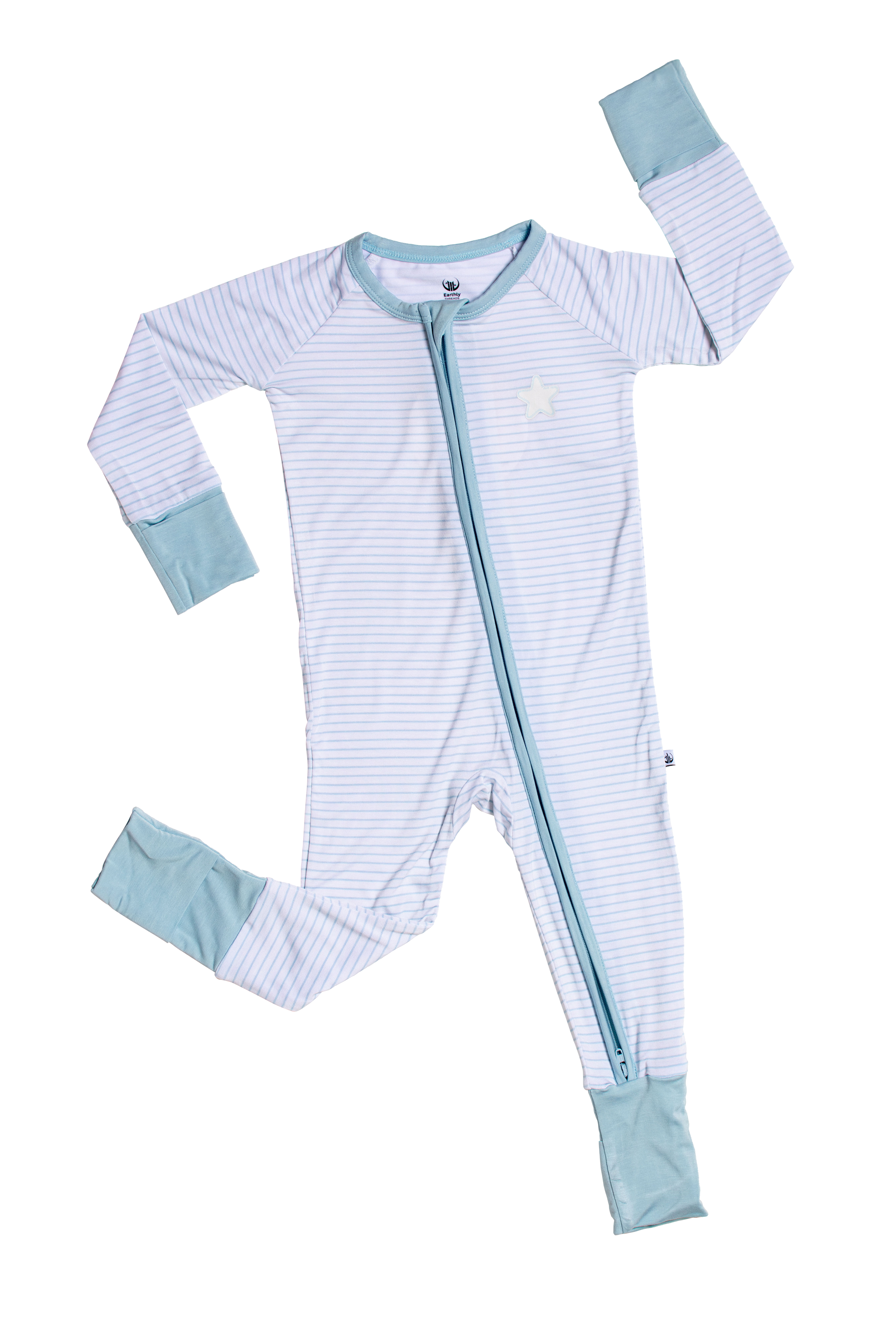 chambray and white striped baby bamboo sleeper with dual zippers and with hand cuffs and foot cuffs for seasonless comfort.