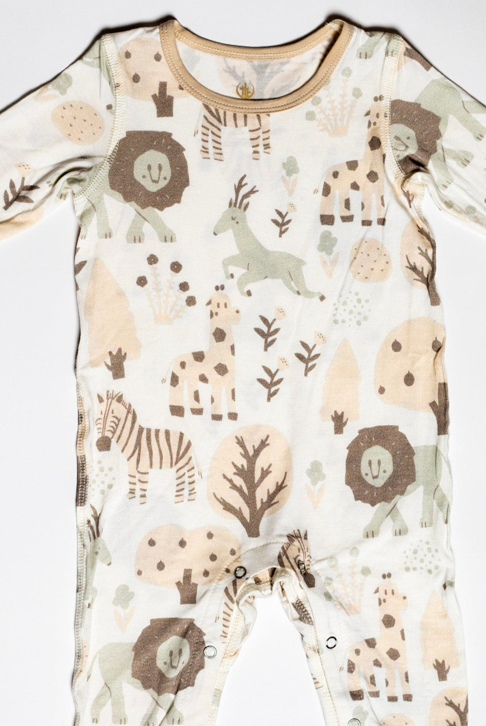 Durable and stylish baby sleeper with a safari theme, featuring a snap bottom, great for everyday wear.