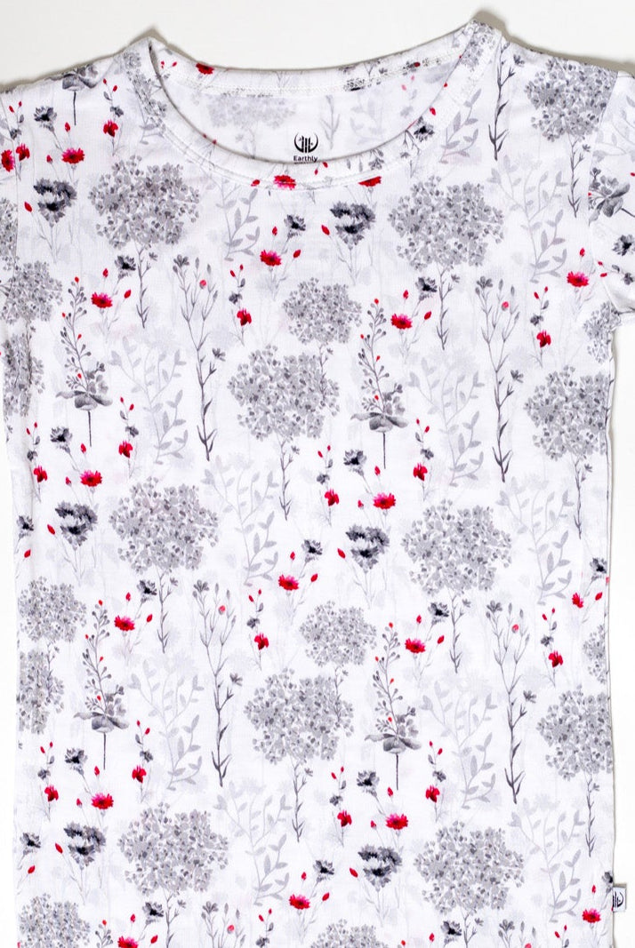 Earthly Threads floral short sleeve pajamas, crafted from hypoallergenic bamboo for a gentle, breathable fit.