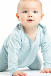 Blue snap baby romper made from antibacterial, eco-friendly, and amazingly soft bamboo fabric for lasting comfort.