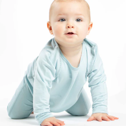 Blue snap baby romper made from antibacterial, eco-friendly, and amazingly soft bamboo fabric for lasting comfort.