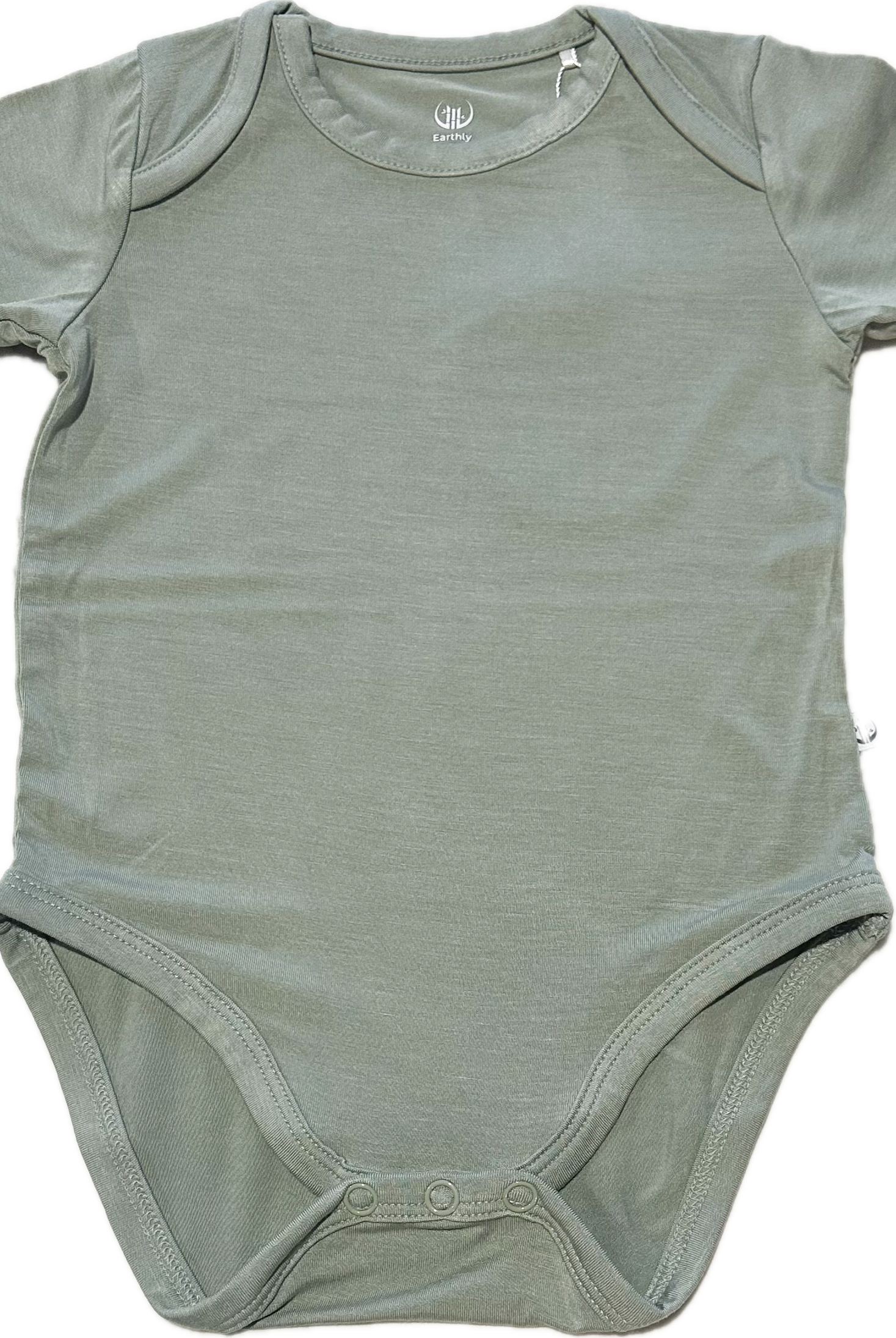 Earthly Threads short sleeve bamboo baby onesie in neutral shades like bamboo green that's ideal for comfort year-round.