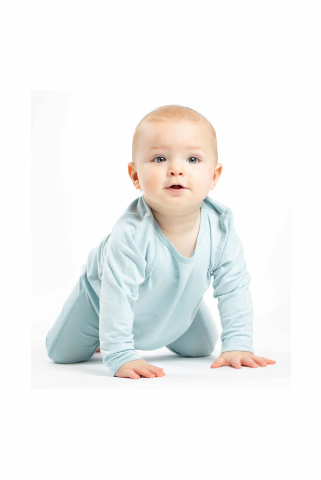Blue snap baby romper made from antibacterial, eco-friendly, and amazingly soft bamboo fabric for lasting comfort.
