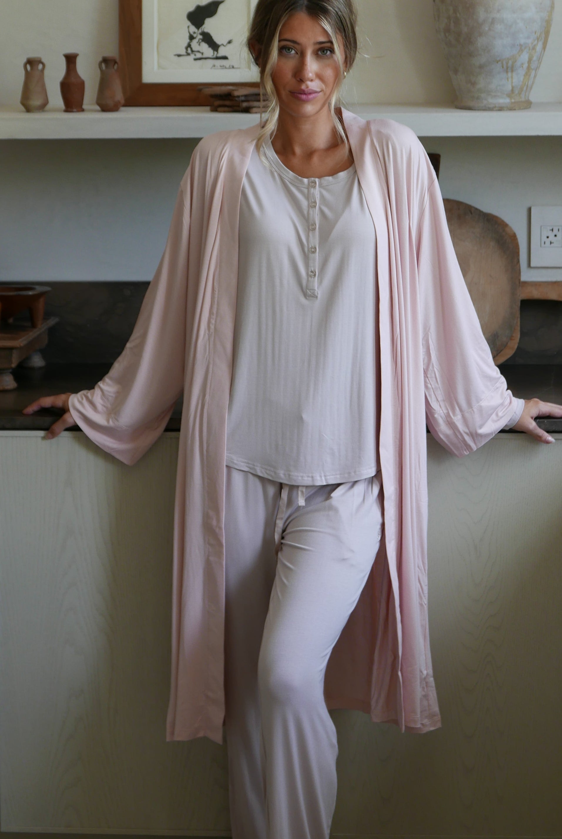 Earthly Threads incredibly soft bamboo Henley pajama set with breathable long sleeves.