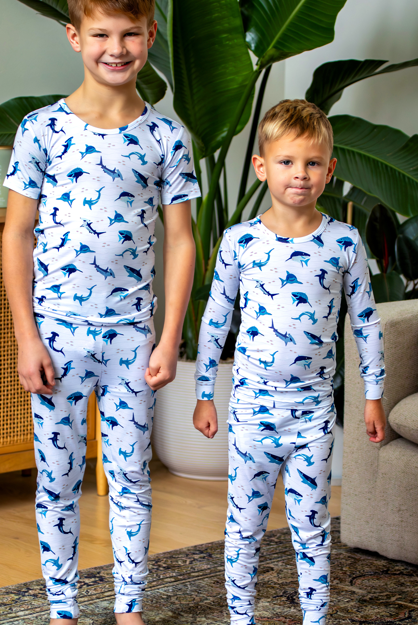 Hammerhead and great white shark print pajamas for kids, made from organic bamboo and designed for the coziest night of sleep.