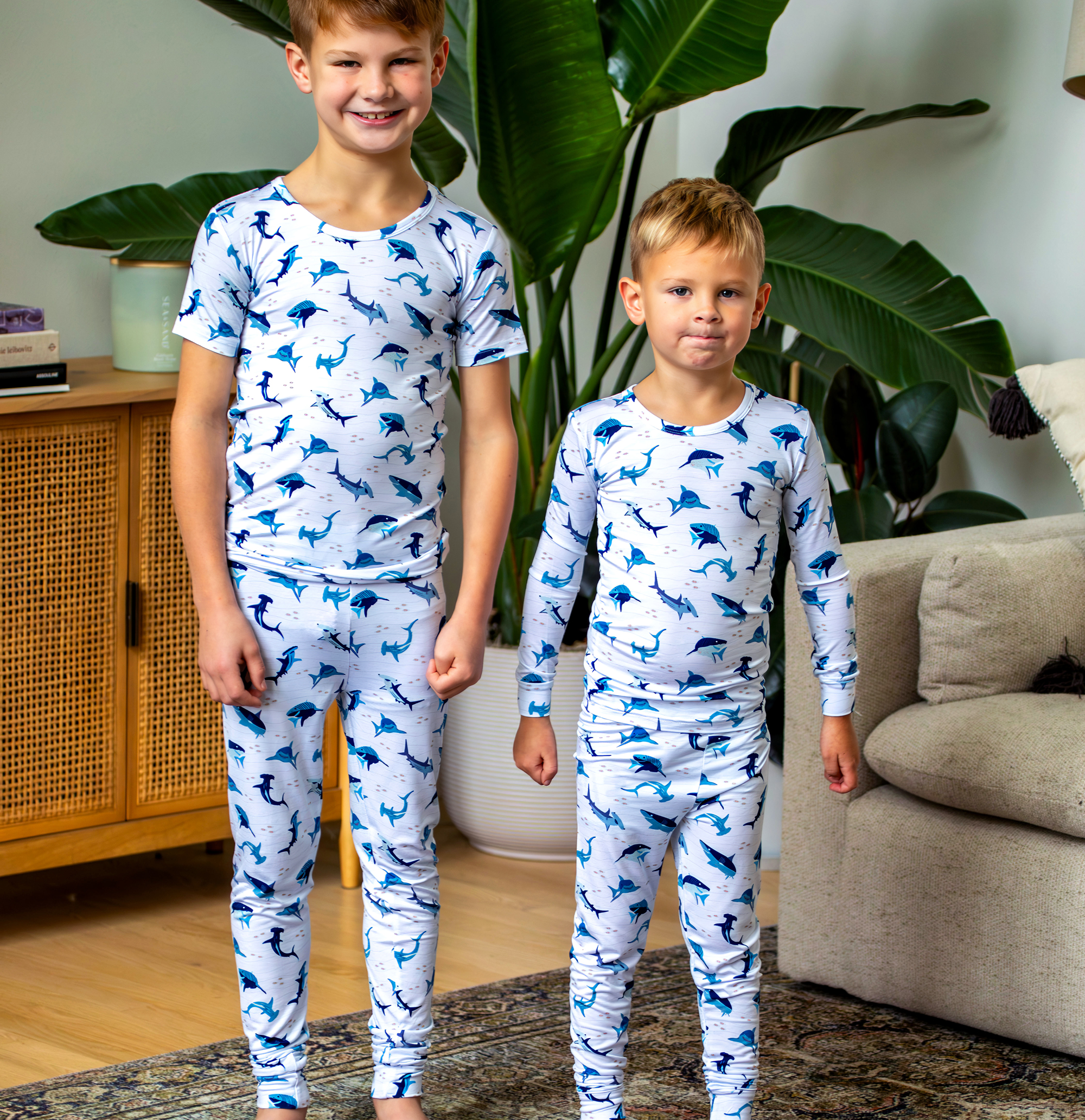 Hammerhead and great white shark print pajamas for kids, made from organic bamboo and designed for the coziest night of sleep.