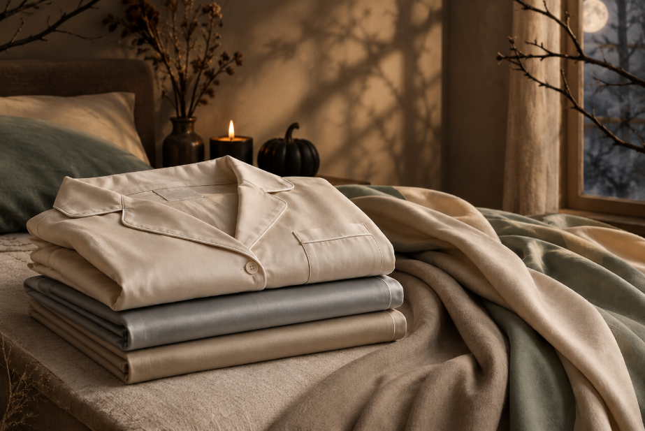 Earthly Threads tan Zen Short Sleeve Pajama Set on top of bamboo gray and tan sheets in a bedroom with a Halloween ambience 