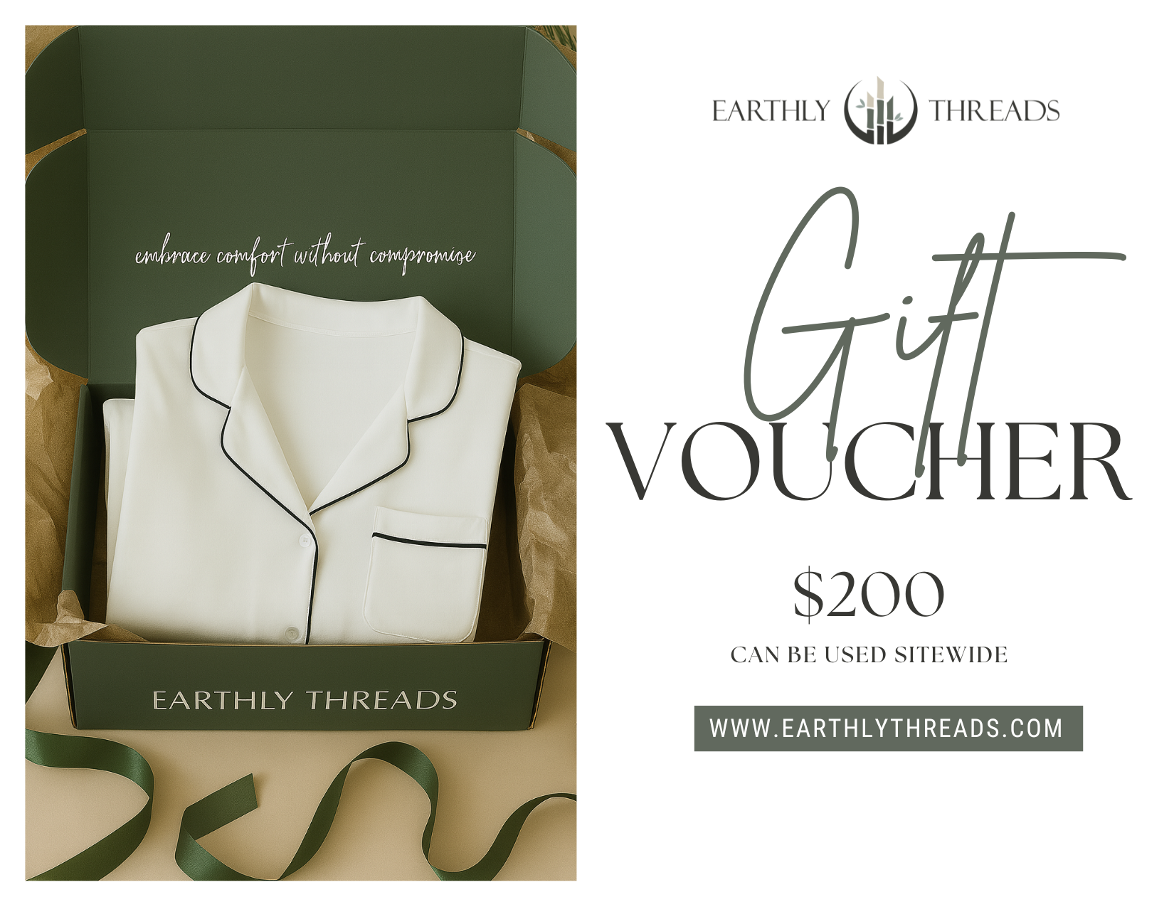An Earthly Threads gift card is a perfect gift for the conscientious person who appreciates everyday bamboo luxury and exceptional comfort. It gives them the freedom to choose from our irresistibly soft bamboo pajamas, relaxed loungewear, cozy robes, and beautifully comfortable bedding—pieces designed to feel amazing from the very first touch.